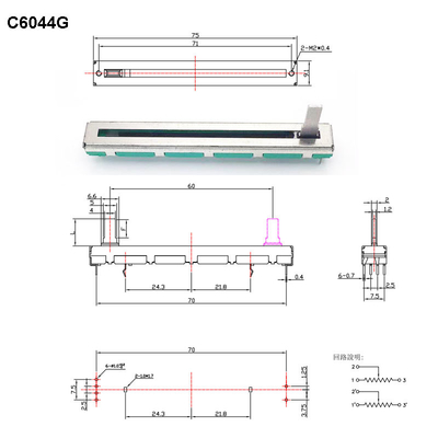 C6044G potenciómetro dual potenciómetro deslizante de película de carbono 60mm viaje 5K 10K potenciómetro estéreo lineal