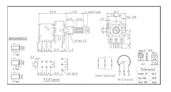 Pote rotatorio DPDT del resistor variable del potenciómetro 0.2W del botón 10k del PWB